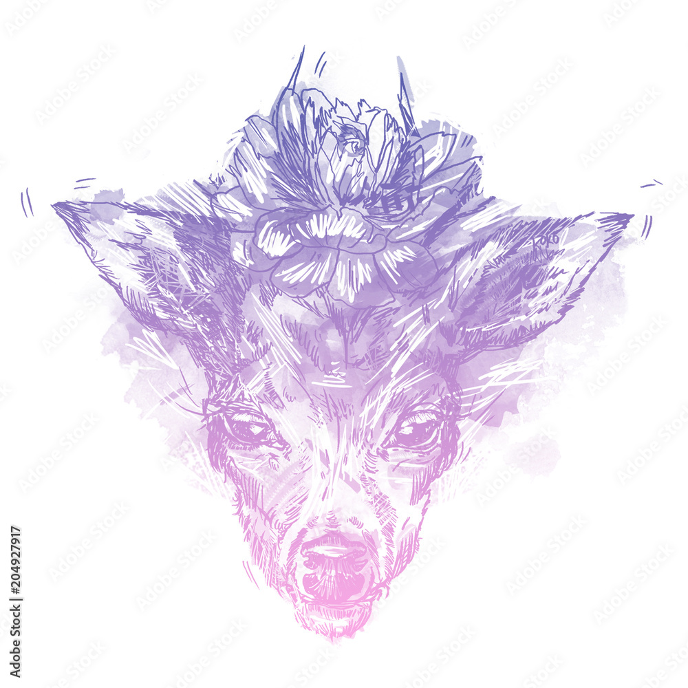 Obraz premium A young deer with horny horns on which peonies are planted. Illustration. Design a tattoo, a symbol of mystical magic for your use.