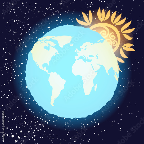 Christian Seven Days of Creation concept. Day Four, the stars, the sun and the moon. Genesis. Bible creation story. Earth illustration cartoon with sun and stars behind in dark space. Vector.