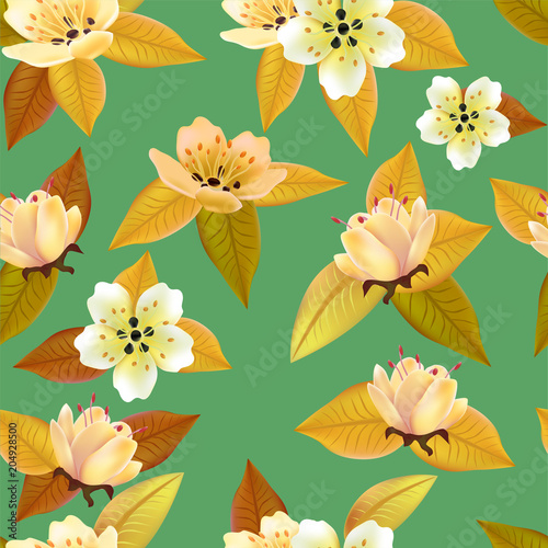 Seamless spring background with white flowers with green and yellow leaves