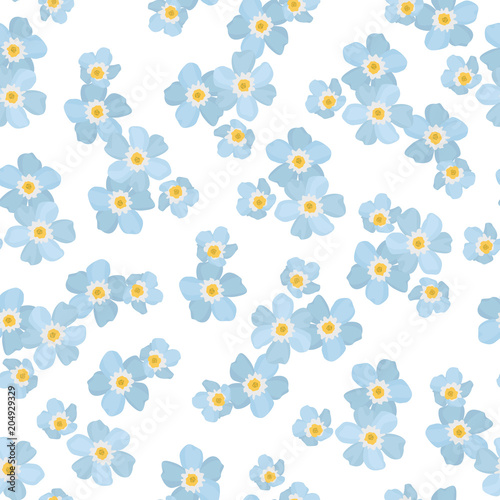 Forget-me-not myosotis floral seamless pattern. Blue spring flowers inflorescence bloom blossom on white background. Vector design illustration for fashion, beauty, fabric, textile, decoration.