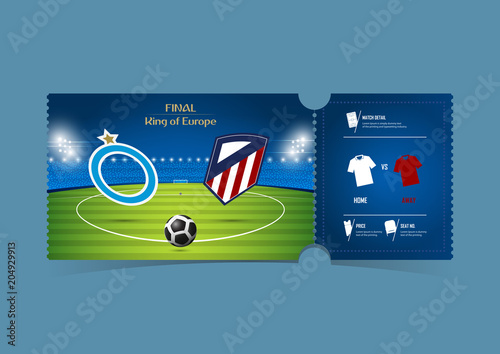 Football or Soccer ticket template design for sport match. Soccer logo fly over football pitch. Black and White Soccer ball on football field. Gift vouchers or certificate coupons. Vector