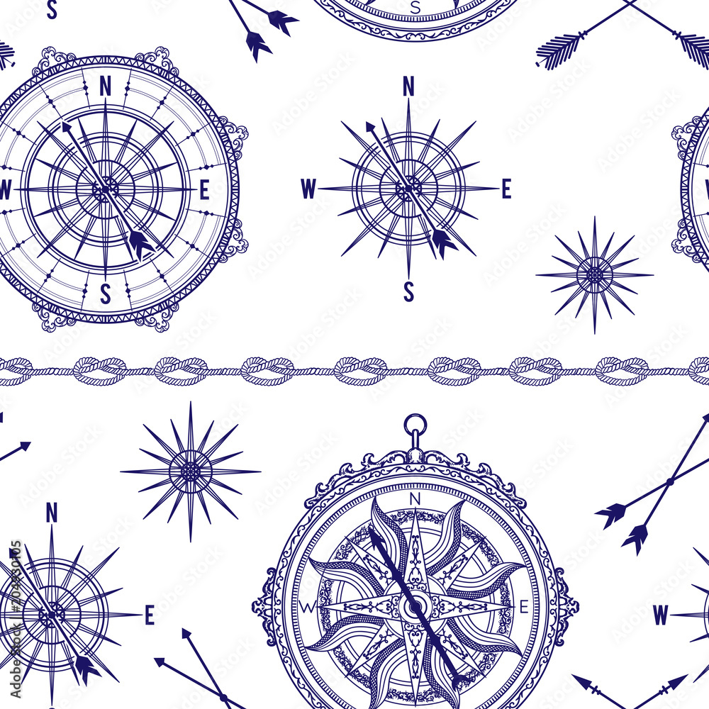 Seamless pattern with vintage compass, wind rose and rope knot. Nautical background. Vector illustration 
