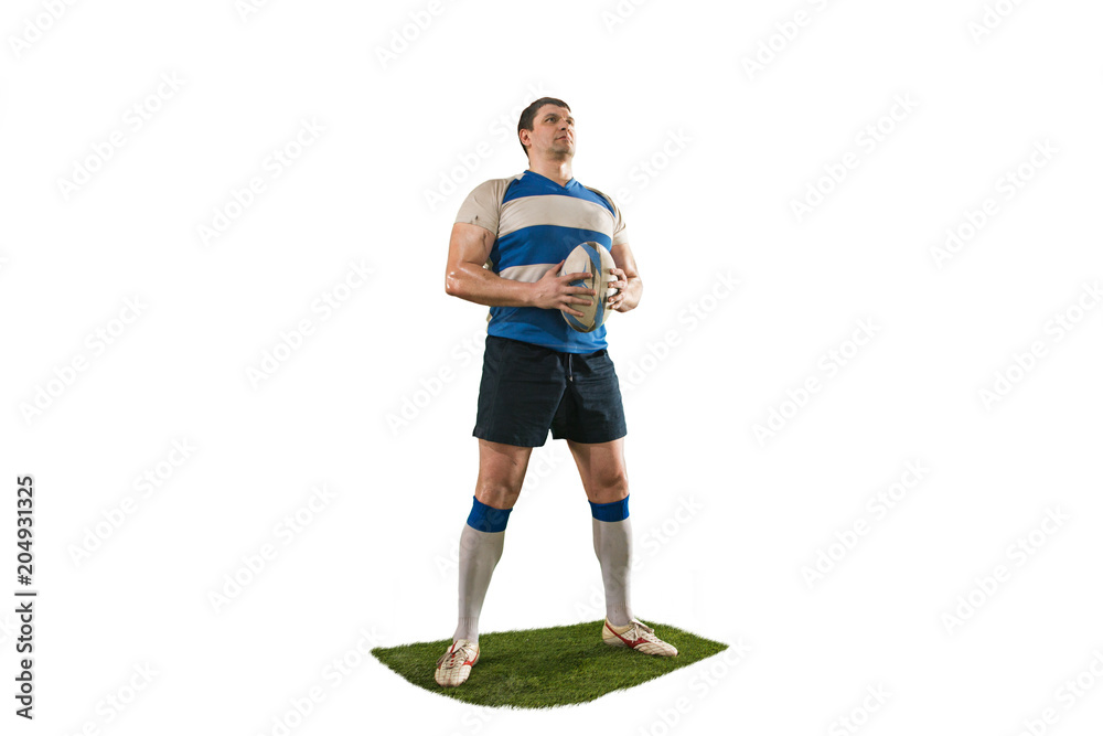 The silhouette of one caucasian rugby man player isolated on white background The silhouette of one caucasian rugby man player isolated on white background