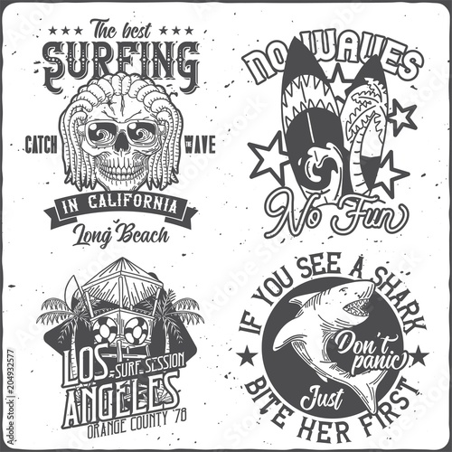 Surfing theme logo badges with hand drawn illustrations photo