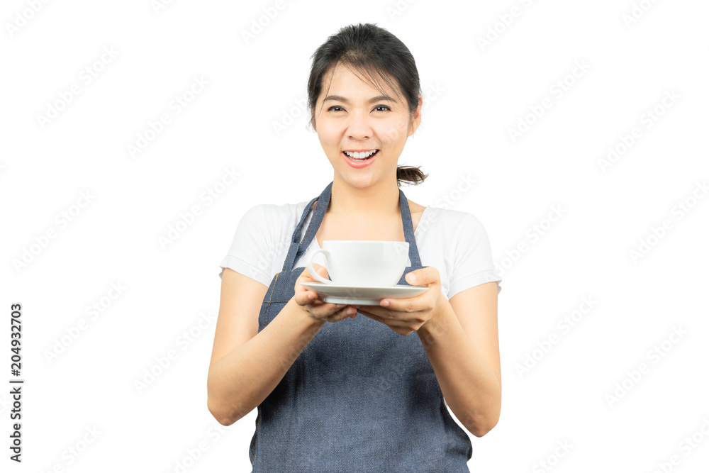Waitree or barista in apron holding coffe cup Waitree or barista in apron holding coffe cup