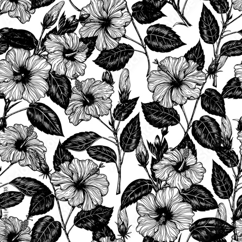 Seamless vector pattern with hand drawn hibiscuses in black and white.