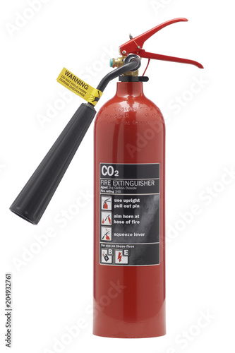 RED CARBON DIOXIDE FIRE EXTINGUISHER ISOLATED ON WHITE BACKGROUND