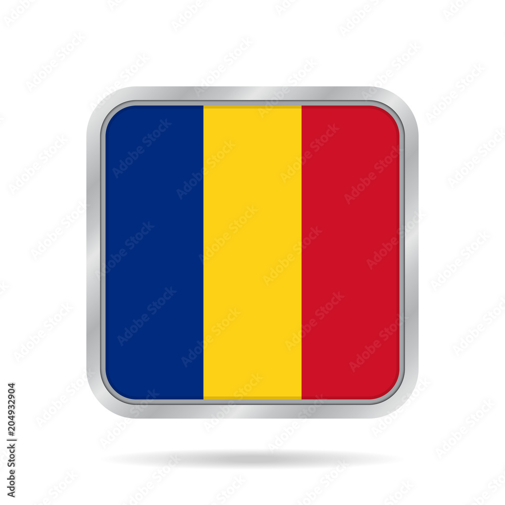 Fototapeta premium Flag of Romania. Metallic gray square button.