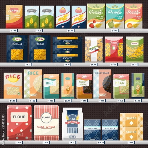 Cereals and spaghetti, oatmeal at shop showcase