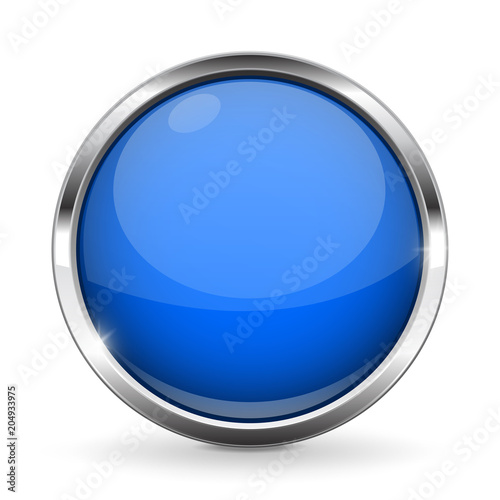 Blue button with chrome frame. Round glass shiny 3d icon