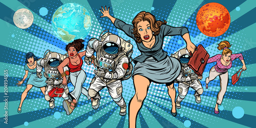 women and astronauts running into the future in space