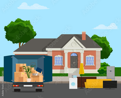 The truck is carrying things. Moving to the family in the house. Vector flat illustration.