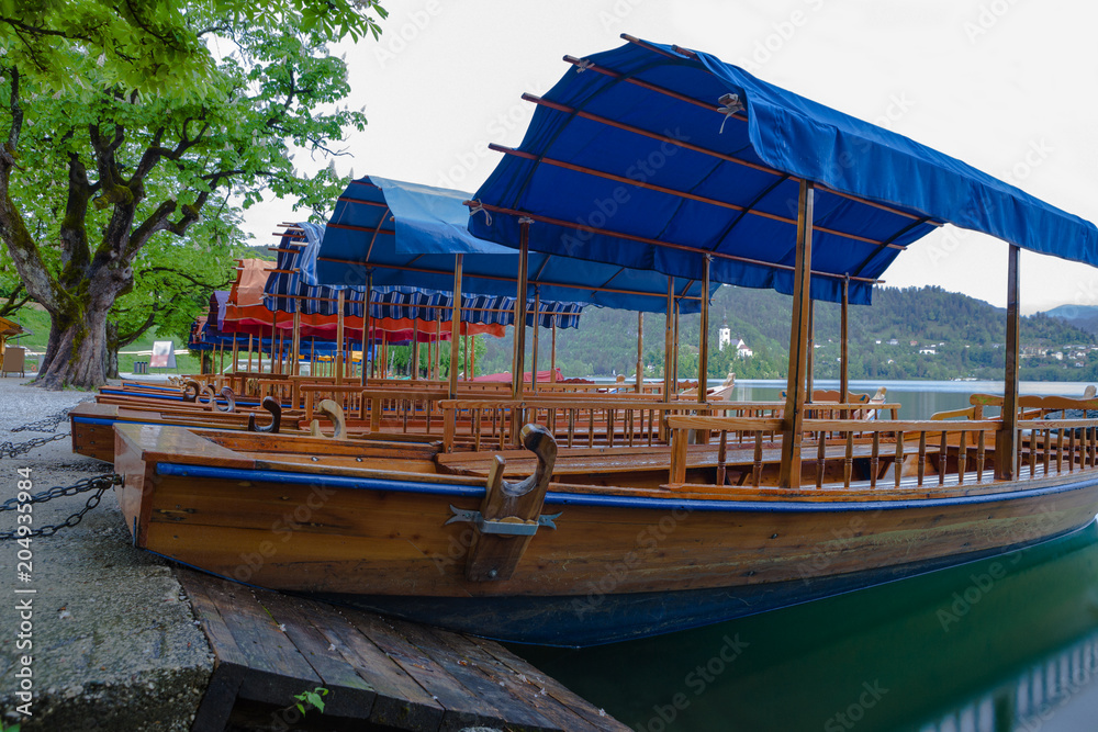 Traditional wooden boats Pletna on lake Bled, Slovenia-Europe