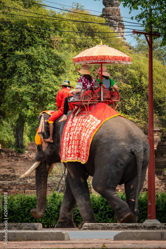 Thailändischer Elefant mit reitenden Touristen auf Straße vor den Ruinen von Ayutthaya © Michael