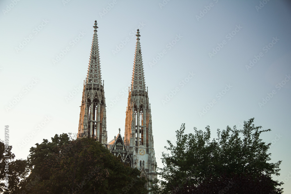 Tower of Votivkirche church in Vienna Austria at sunset Europe travel destinations