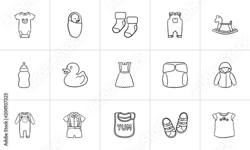 Kids clothes and accessories hand drawn outline doodle icon set for print, web, mobile and infographics. Infant newborn baby theme vector sketch illustration set isolated on white background.