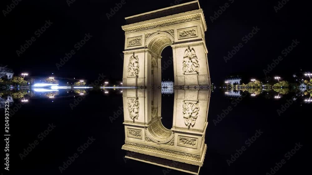 4K Time Lapse of Arc de Triomphe at night, Paris reflection