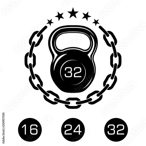 Athletic kettlebell with a metal chain and stars. Sports equipment icons for graphic design of logo, emblem, symbol, sign, badge, label, stamp, isolated on white background. Vector illustration.