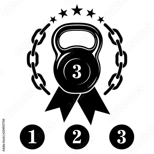 Athletic kettlebell with a metal chain and stars, award mark with ribbons. Sports equipment icons for graphic design isolated on white background. Vector illustration.