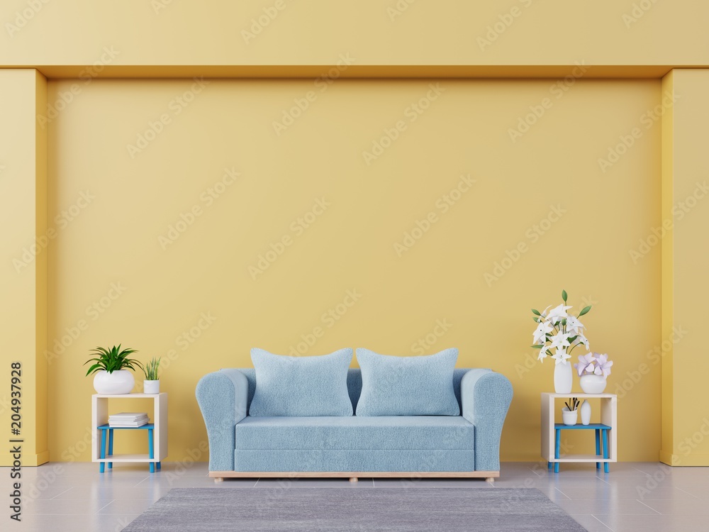 Modern living room interior yellow wall mockup with blue sofa, shelf,  flower, and book on empty background. 3D rendering. Stock Illustration |  Adobe Stock