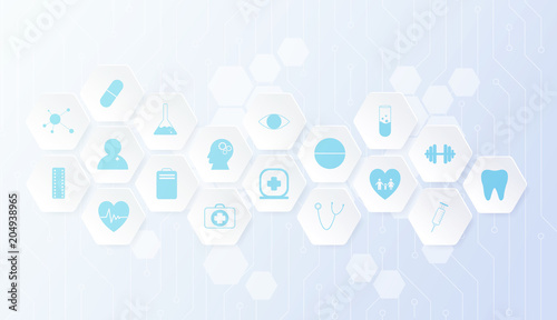 Geometric hexagons abstract background with health icon.Geometric hexagons abstract background with health icon.