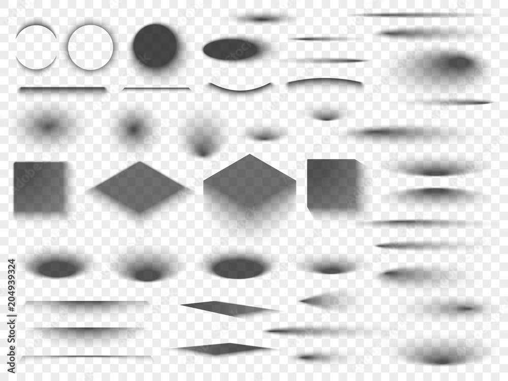 Round and square isolated floor transparent shadows. Dark oval shadow and circle shades vector
