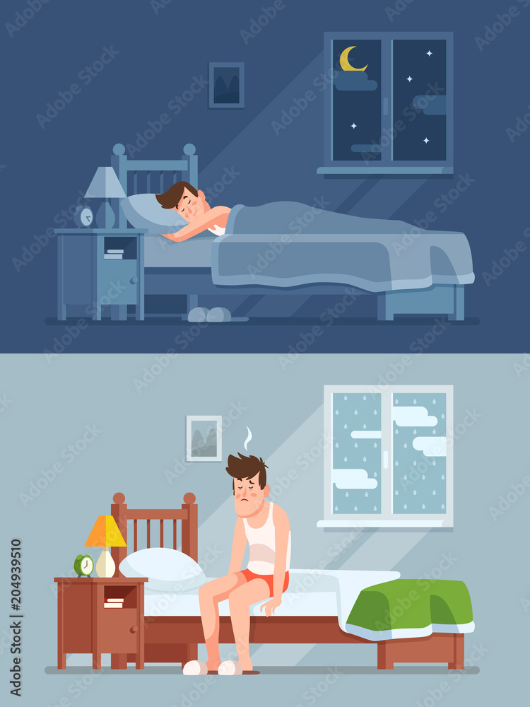 Как спать с графиком день ночь Man sleeping under duvet at night, waking up morning with bed hair and feeling s