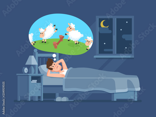 Sleepless man in bed trying to fall asleep counting sheeps. Count sheep for insomnia cartoon vector concept