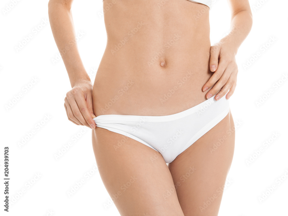 Young woman showing smooth silky skin after epilation on white background