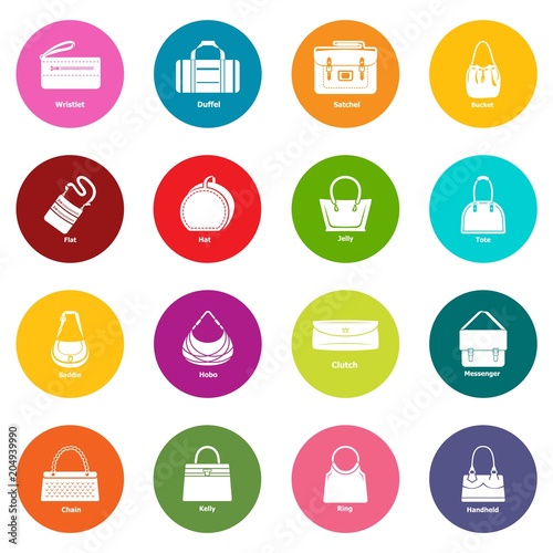 Woman bag types icons set colorful circles vector