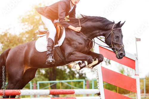 Młody jeździec mężczyzna skacze na koniu nad przeszkodą na wystawie skacze rywalizację