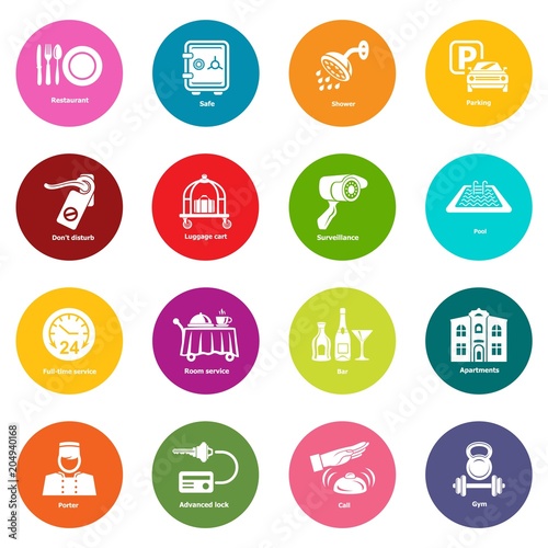 Hotel service icons set colorful circles vector