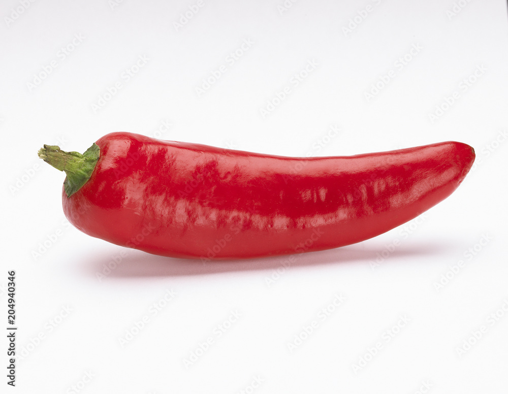 SINGLE RED HOT CHILLI PEPPER ON WHITE BACKGROUND SINGLE RED HOT CHILLI PEPPER ON WHITE BACKGROUND