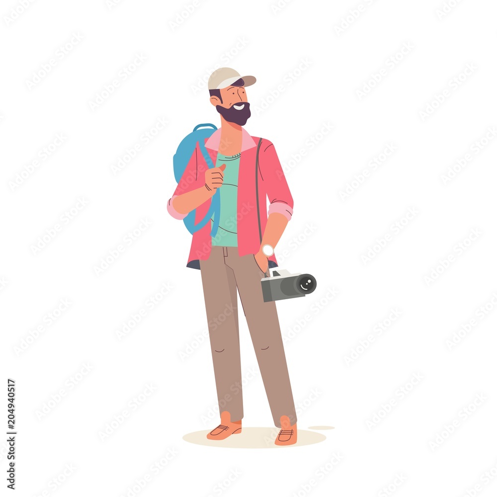 Man photographer with big backpack and camera. Flat style vector illustration isolated on white background.