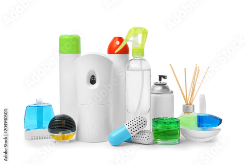 Different air fresheners on white background photo
