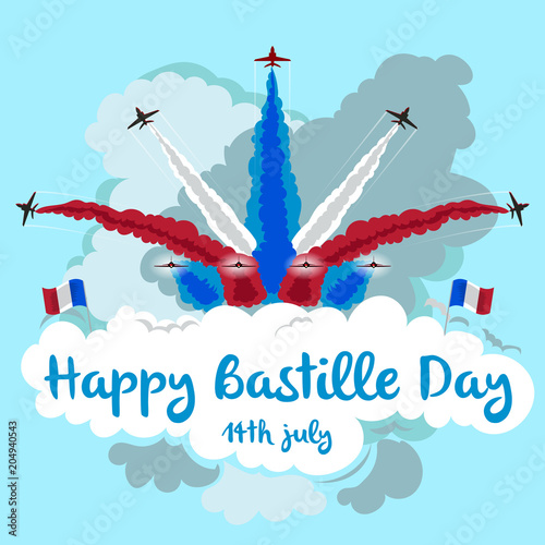 Illustration of jets flying in formation with copy space. Happy Bastille day.