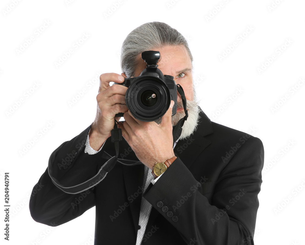 Male photographer with professional camera on white background Male photographer with professional camera on white background