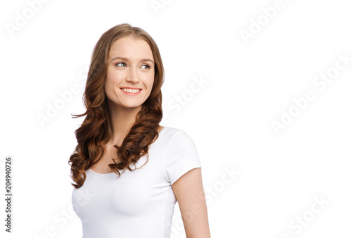 body positive and people concept - happy woman in white t-shirt