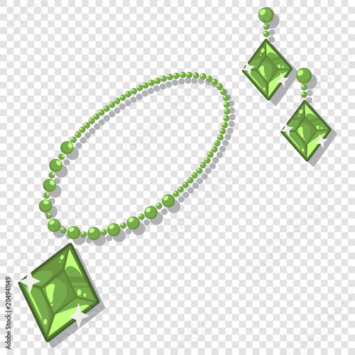 Jewelry accessories: necklace and earrings with green gemstones. Vector cartoon illustration isolated on a transparent background.