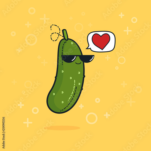 Illustration cartoon funny cucumber icon with black sunglasses isolated, vegan concept, cucumber love