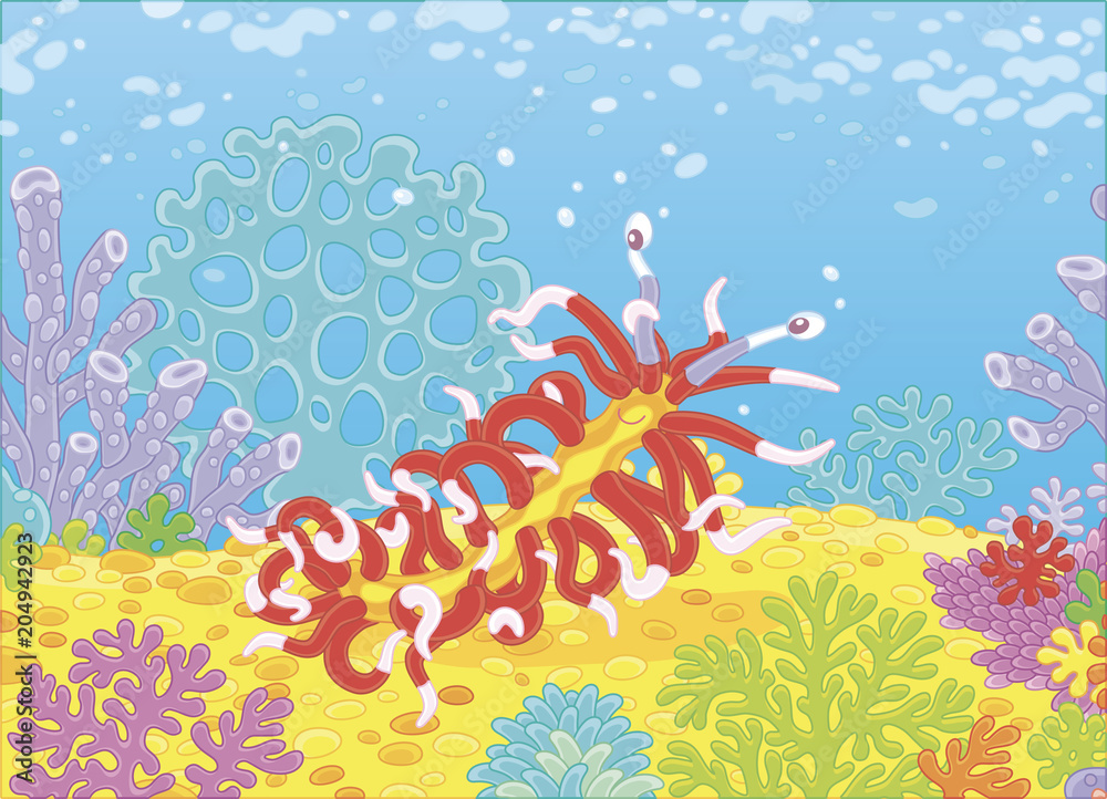 Funny sea monster mollusc thousand-legs creeping among colorful corals on a reef in a tropical sea, vector illustration in a cartoon style