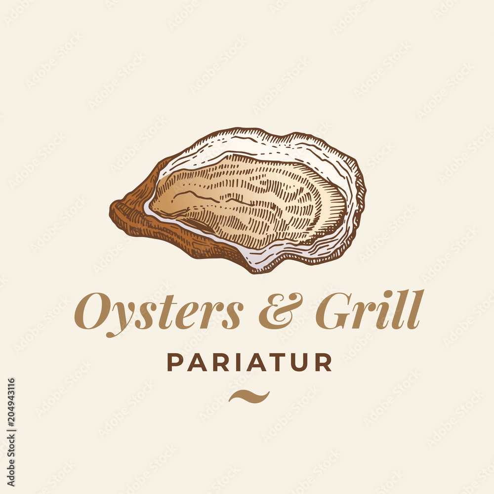 Oysters and Grill Abstract Vector Sign, Symbol or Logo Template. Hand Drawn Opened Shellfish Mollusc with Premium Classic Typography. Stylish Classy Vector Emblem Concept.