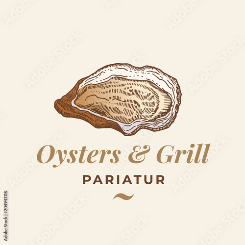 Oysters and Grill Abstract Vector Sign, Symbol or Logo Template. Hand Drawn Opened Shellfish Mollusc with Premium Classic Typography. Stylish Classy Vector Emblem Concept.