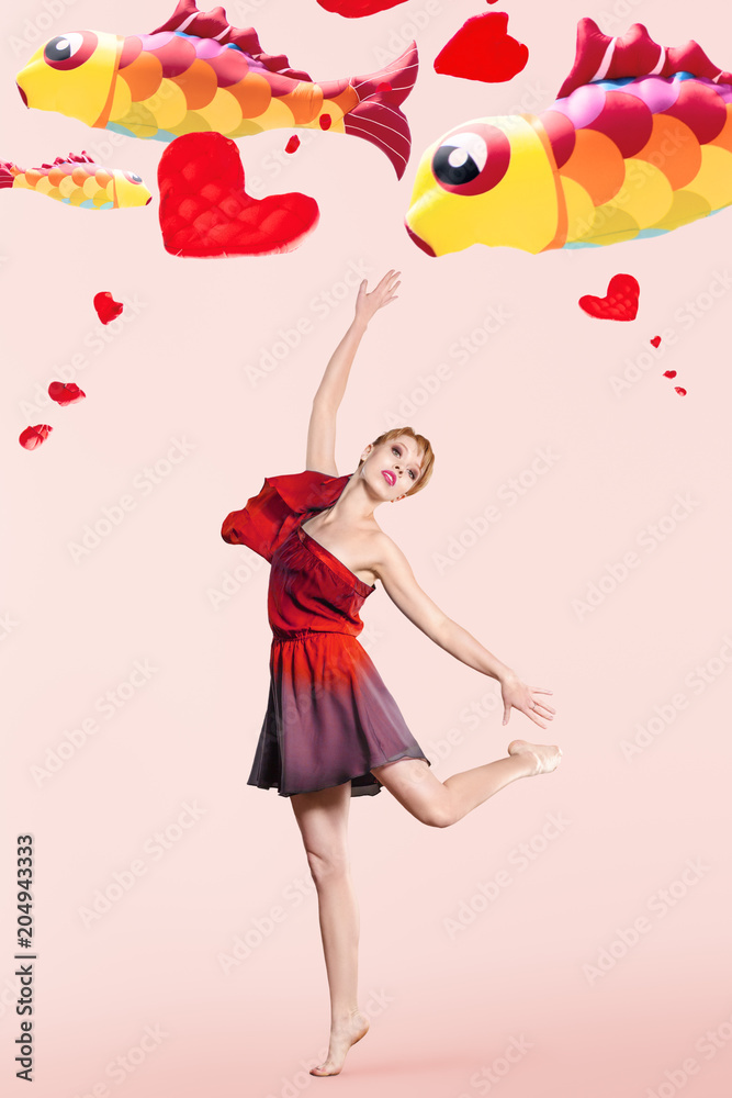 Young woman with flying kites behind Young woman with flying kites behind