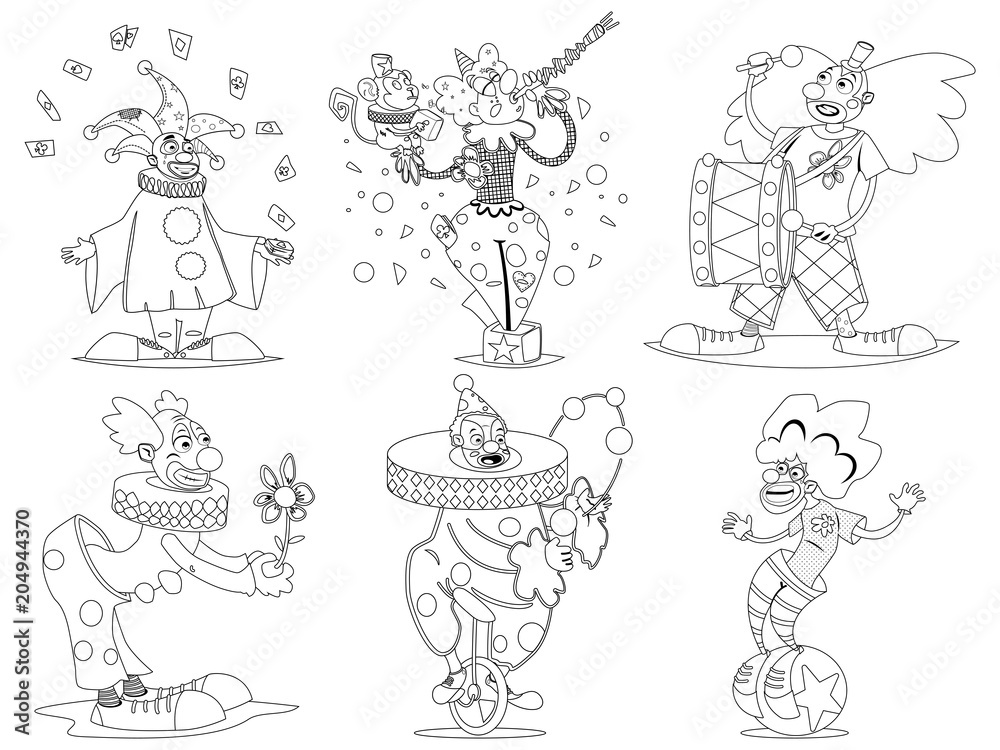 Coloring book page. Funny cartoon circus clown in traditional costume. Vector set illustration isolated on a white background.