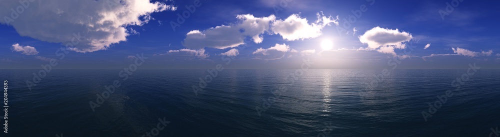 panorama of the ocean sunset, sea sunset, the sun in the clouds over the water,
3D rendering

