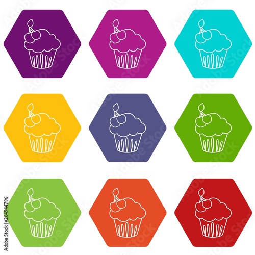 Cherry cupcake icons set 9 vector