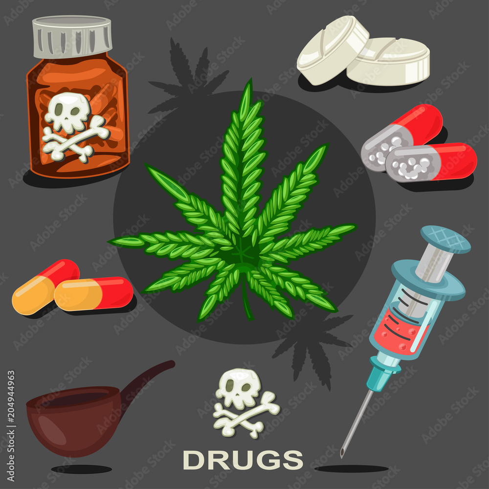 Drugs vector icons set. Illegal narcotic: marijuana leaf, syringe with