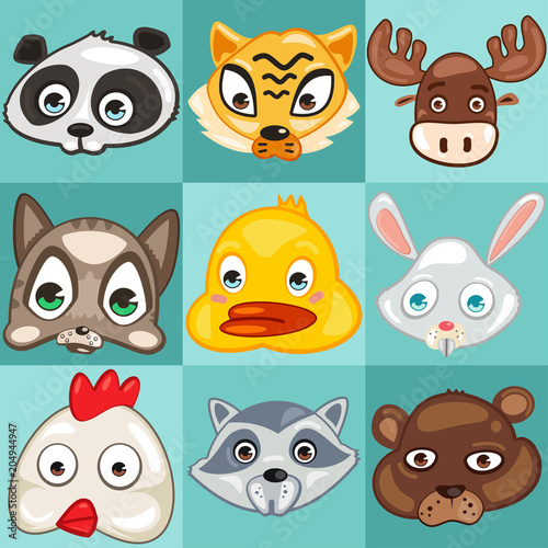 Cute animal head vector cartoon set. Tiger, panda, moose, cat, duck, rabbit, chicken, racoon and bear face isolated on a blue background.