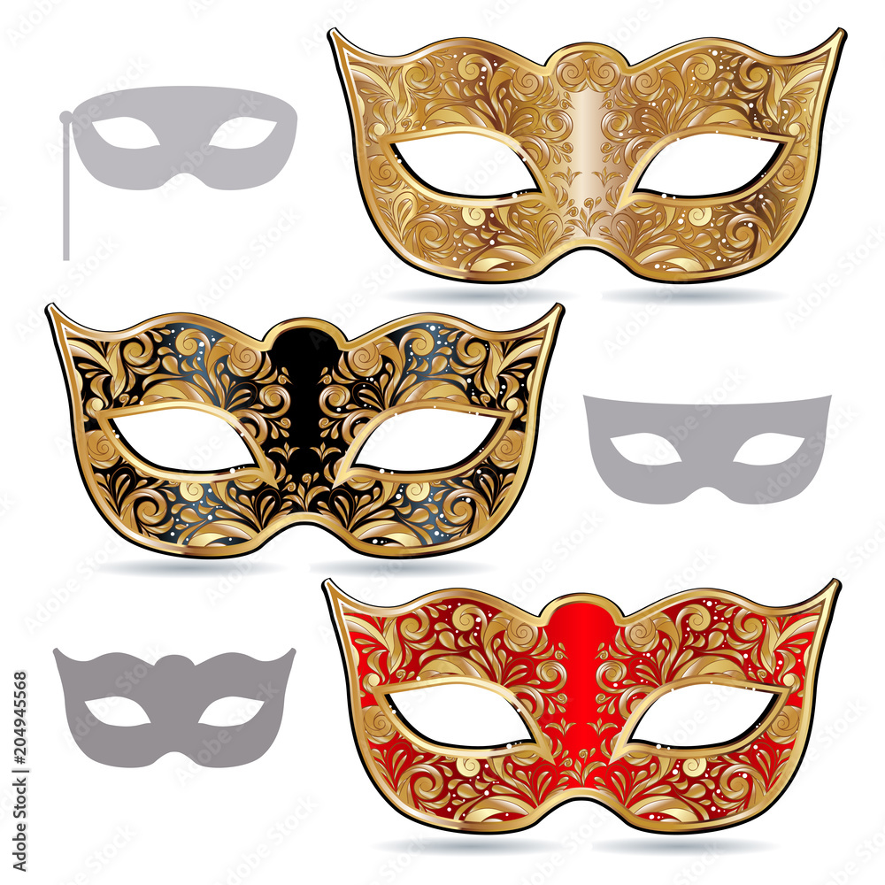 carnival masks, gold, red and black mask decorated with ornaments carnival masks, gold, red and black mask decorated with ornaments